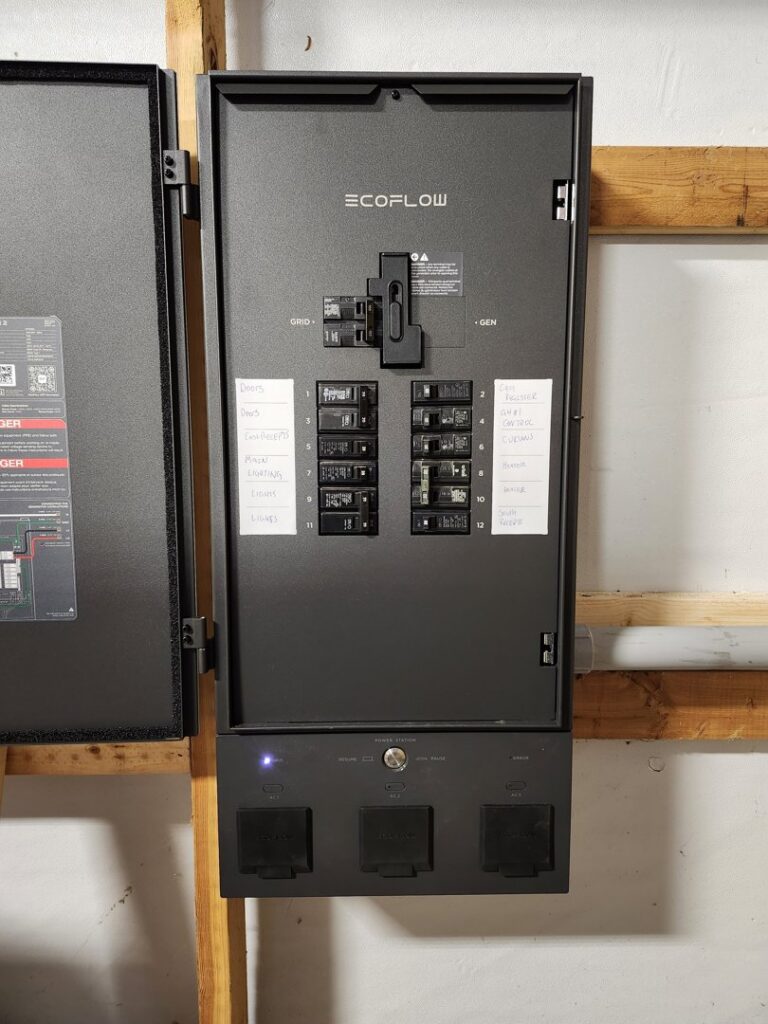 An Ecoflow Smart Home electrical panel with circuit breakers installed by ABS Electrical Services in Rogers, AR.