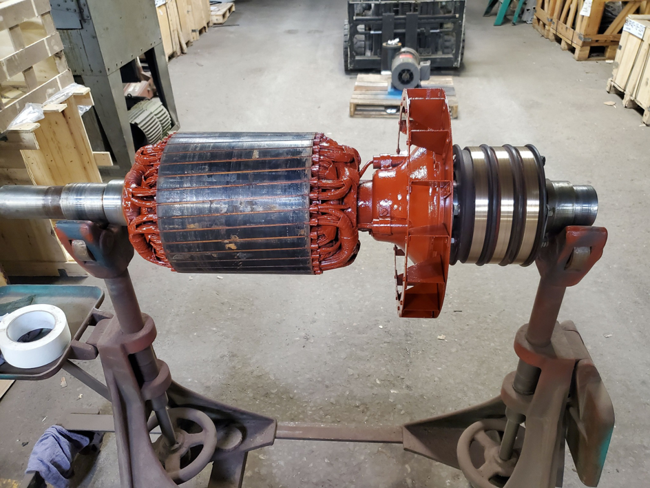 A newly repaired or prepared electric motor rotor assembly at Caddell Electric Co Inc in Dallas, TX