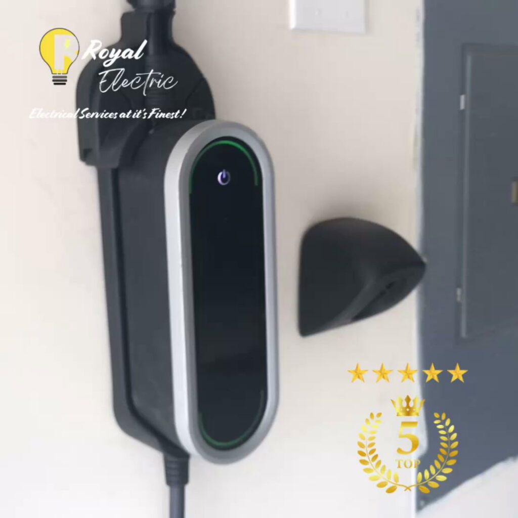 An electric vehicle (EV) charger installed on a wall by Royal Electric Services in Raleigh, NC