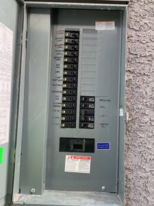 An open electrical breaker panel showing labeled circuits, serviced by Canyon Electric Company, Inc. in North Las Vegas, NV
