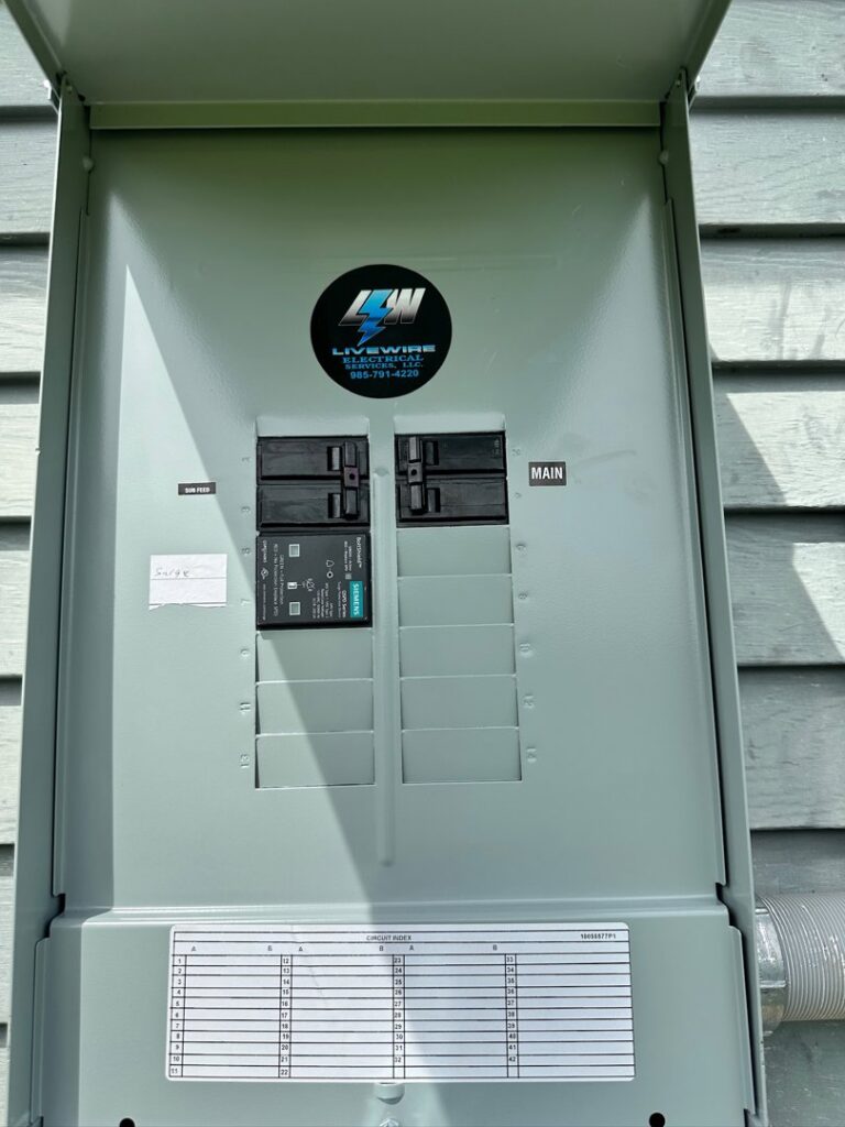 A newly installed electrical breaker panel with the business logo by LiveWire Electrical Services, LLC. in Houma, LA.