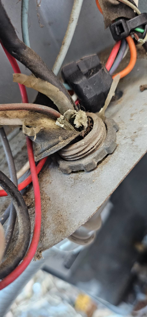 A close-up view of electrical conduit entering an HVAC unit, serviced by Anubis Mechanical in Goose Creek, SC.