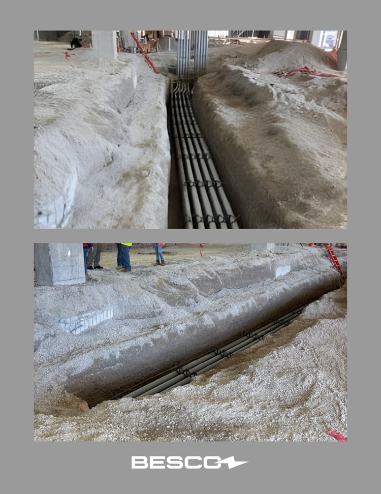 Electrical conduits laid in trenches during a construction project by BESCO in Knoxville, TN.