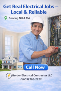 Border Electrical Contractor LLC vans parked at a new construction job site in Nashua, NH, ready for electrical work.