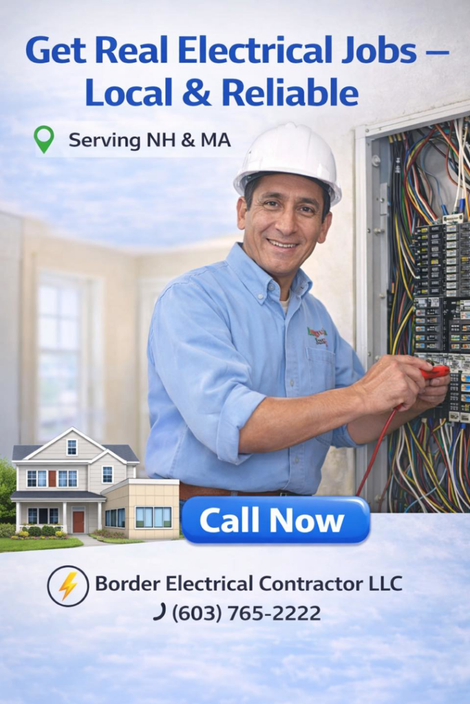 Border Electrical Contractor LLC vans parked at a new construction job site in Nashua, NH, ready for electrical work.