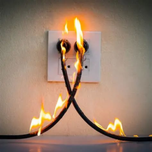 An electrical fire hazard with burning wires coming from an outlet, showing a problem On Point Electrical Services in Williston, ND can fix.