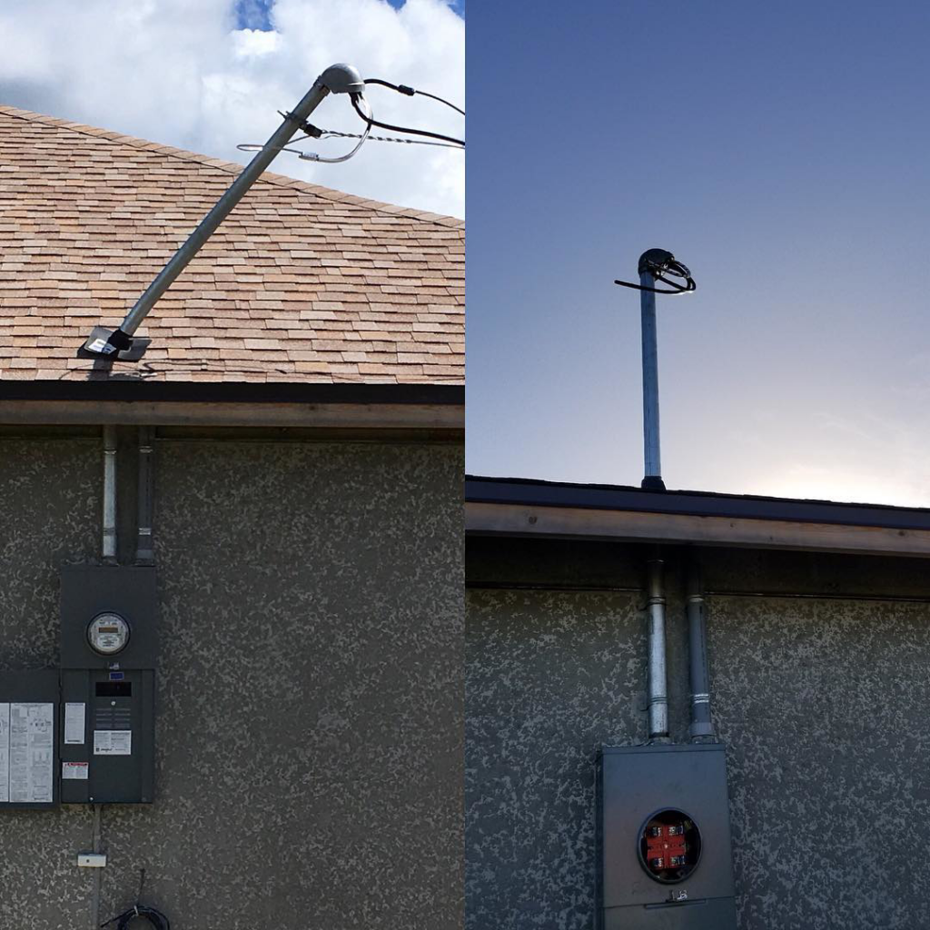 An electrical meter box and service mast installation on a residential property by OMR Electrical Contractors Inc. in Cape Coral, FL.