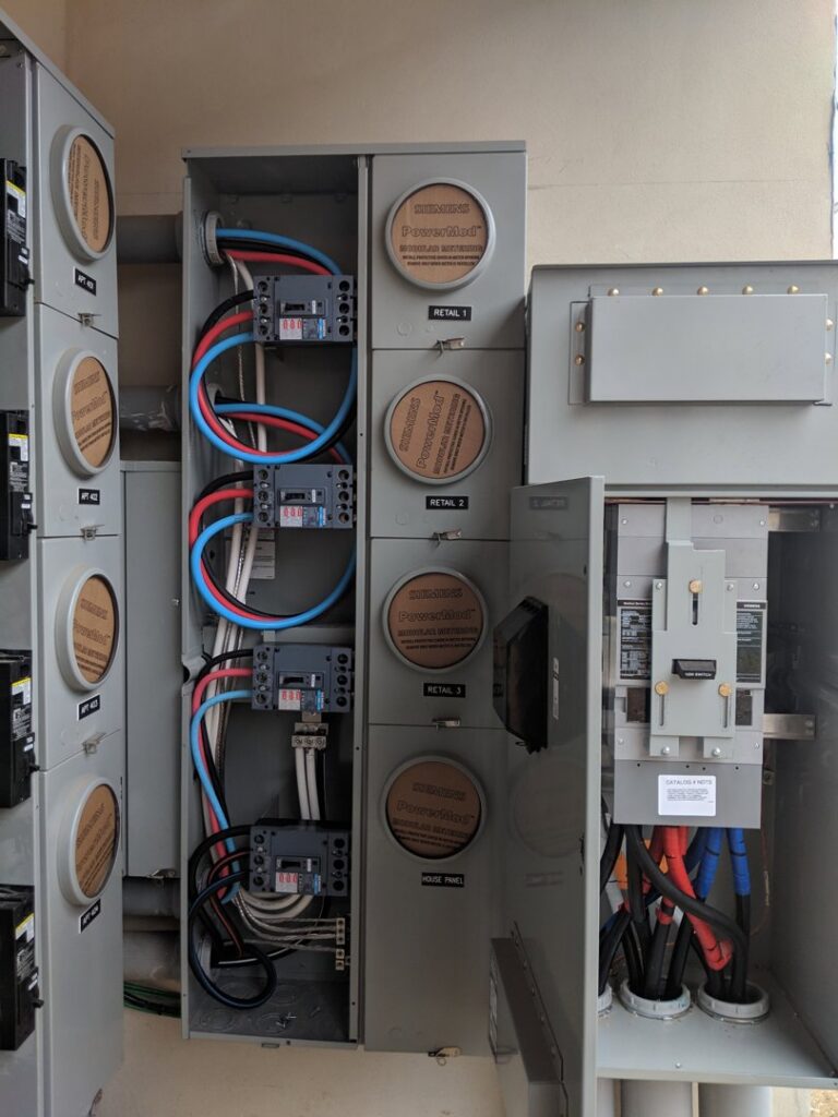 An electrical meter panel and circuit breaker installation for a commercial property by E & E Electric in Post Falls, ID.