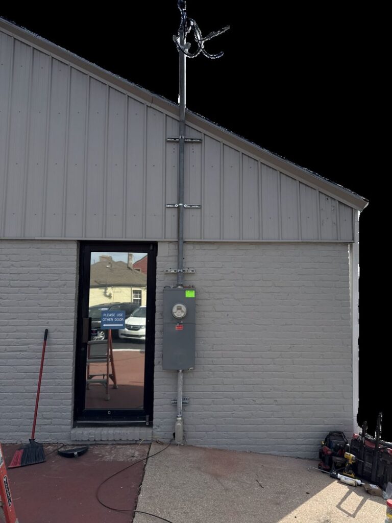 Exterior electrical meter and conduit installation on a building by Powered Electrical & Lighting Services LLC in Springfield, MO.