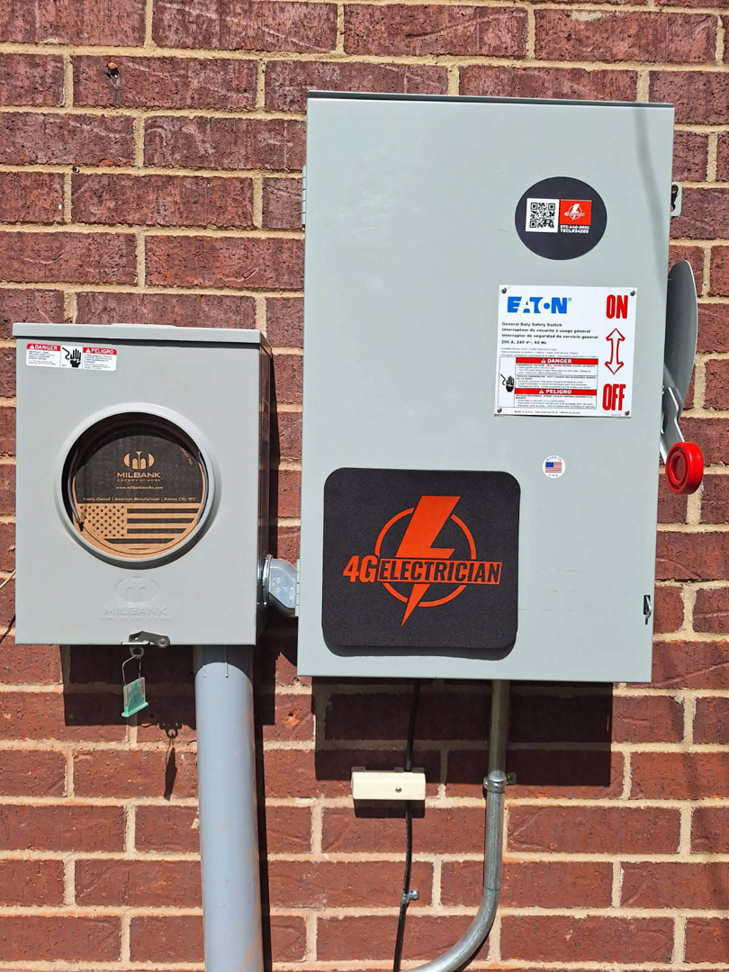An outdoor electrical meter and service panel installed on a brick wall by 4G Electrician in Dallas, TX