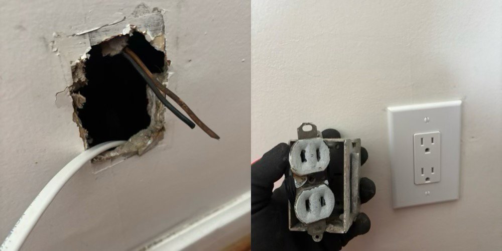 Before and after of an electrical outlet repair and replacement by MV Electrical LLC in Phoenix, AZ.