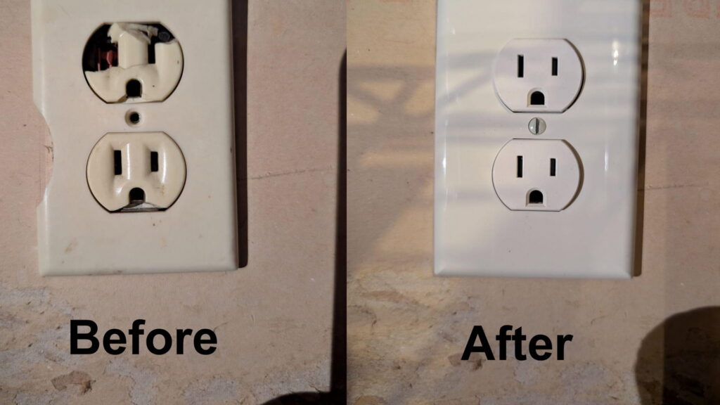 Before and after photos of an electrical outlet replacement by Zoom Electric in Vancouver, WA.