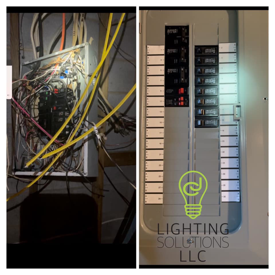 An electrical panel and complex wiring installation, showcasing work by CJ Lighting Solution LLC in Greensboro, NC.