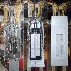 A before-and-after collage of an electrical panel upgrade, showcasing the transformation by Grounded Electric LLC in Smithfield, VA.