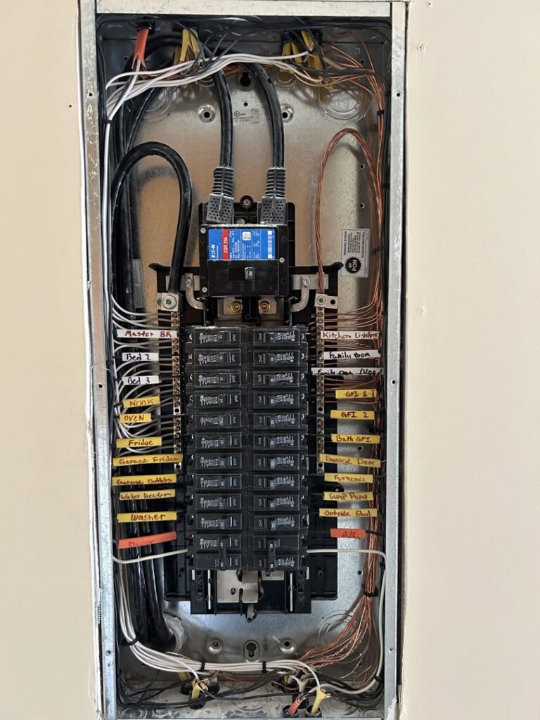 A neatly wired and labeled electrical panel or breaker box, showcasing work by Heritage Electric LLC in Indianapolis, IN.