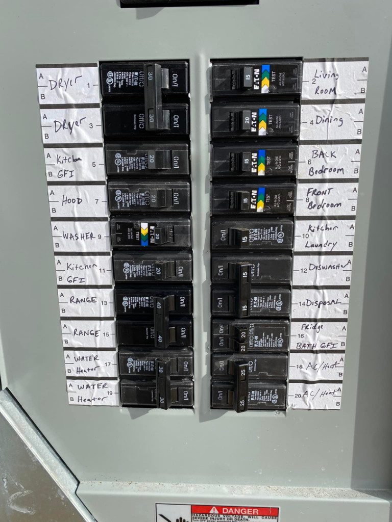 A clearly labeled electrical panel and breaker box, showcasing organized wiring by WilPower Electrical Services in Charlotte, NC.