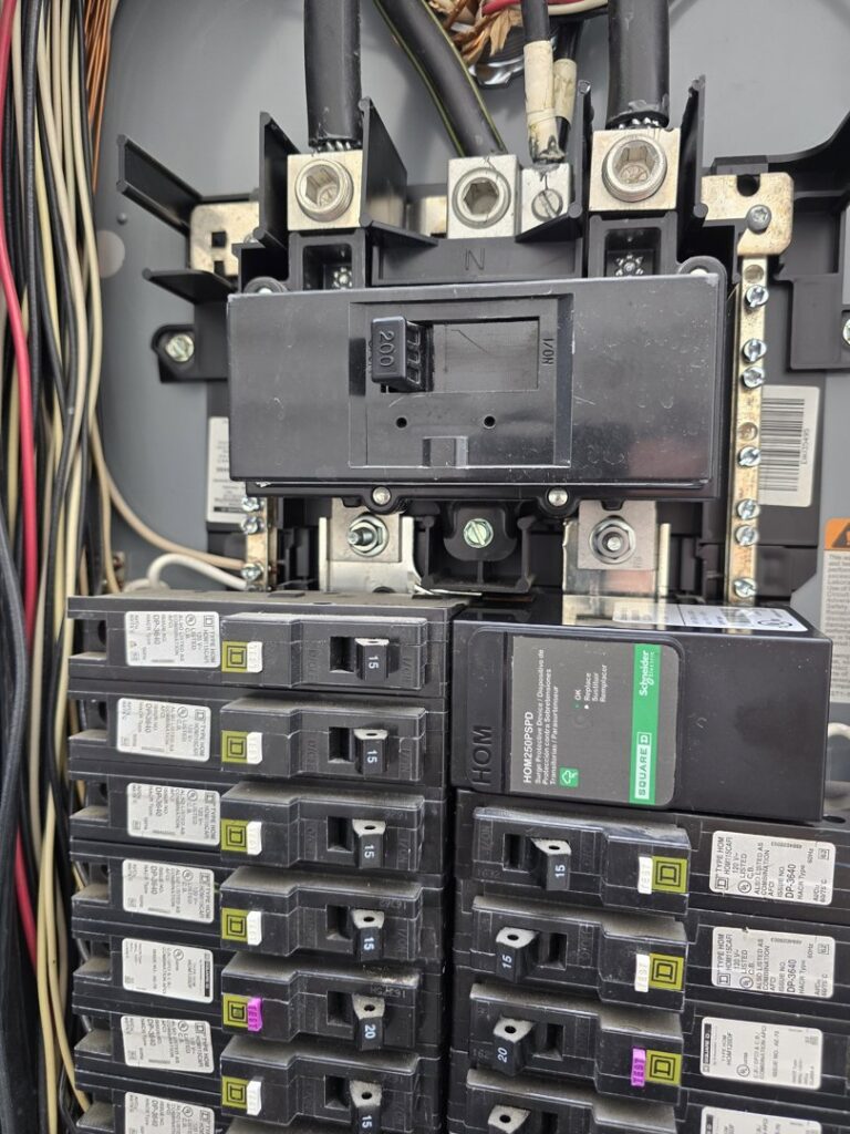 A close-up view of an electrical panel showing various circuit breakers, serviced by Ponce Electric in Houston, TX