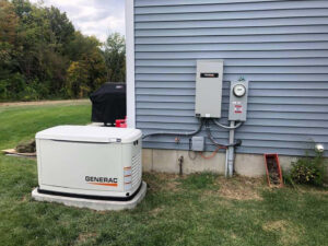 A Generac generator connected to electrical panels and meter on a house exterior by Gen Central Power Systems in Houston, TX