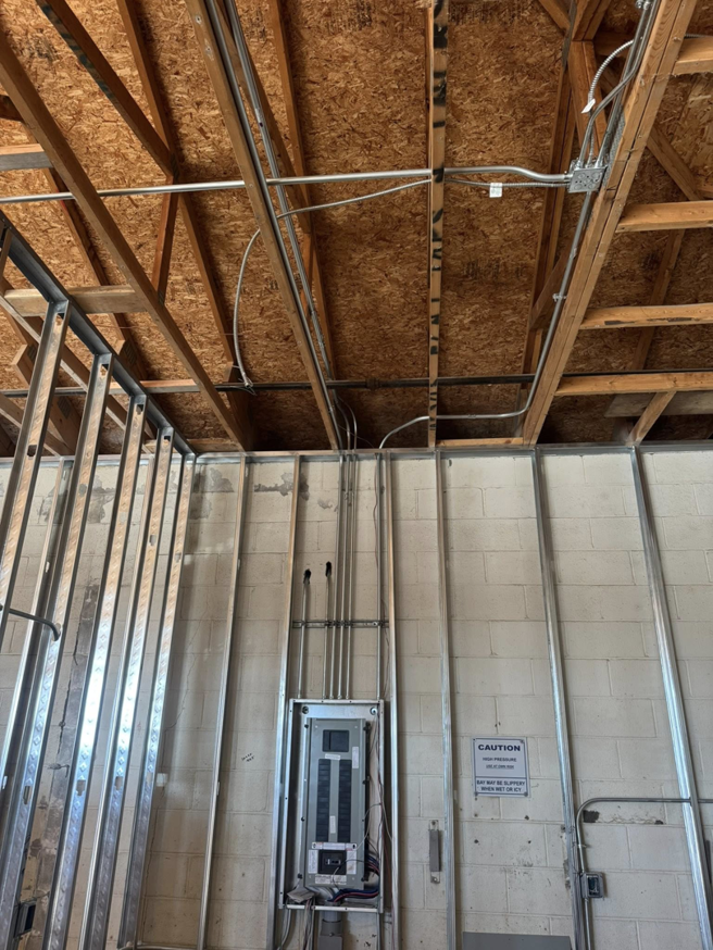 An electrical panel and conduit wiring being installed in a commercial building by TF Electrical Solutions in Omaha, NE.