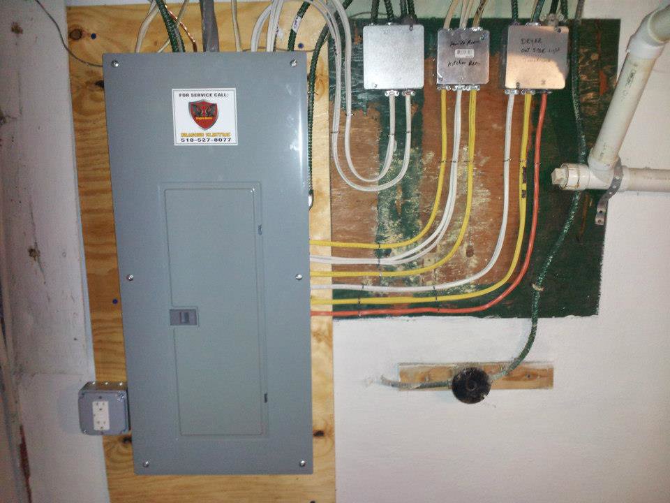 A newly installed electrical panel with wiring connections by Dragons Electric in Schenectady, NY