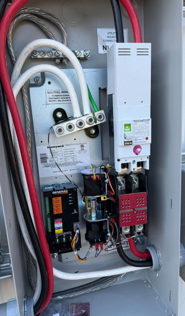 Interior wiring of an electrical panel with Generac and Honeywell components by C.A Electrical & More in Greenville, SC.