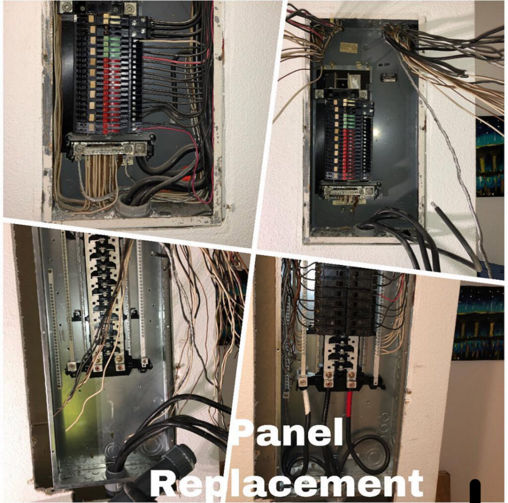 A collage showing the process of an electrical panel replacement and upgrade by PlugTech LLC in Orlando, FL