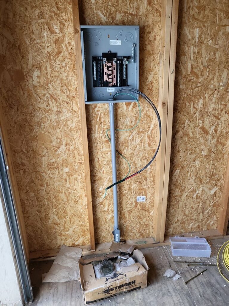 An electrical panel during rough-in installation on a plywood wall by Minards Electric LLC in Dickinson, ND.