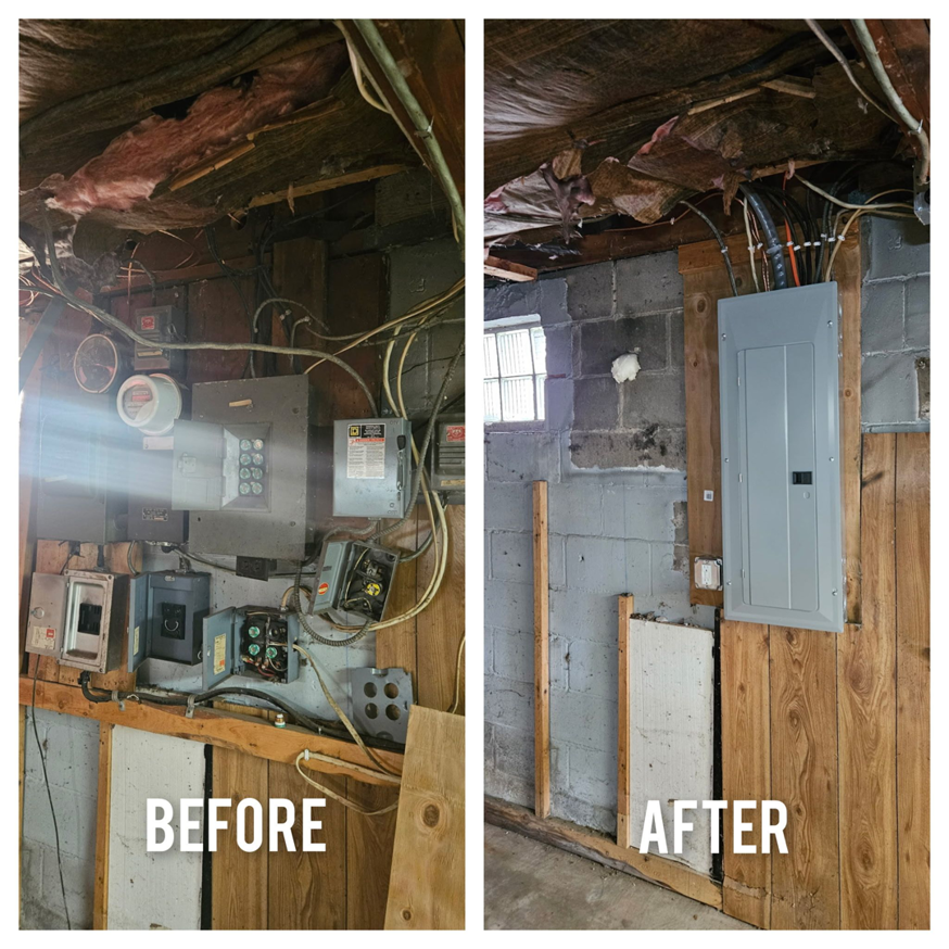 Before and after view of an electrical panel upgrade completed by 715 Electric LLC in Eau Claire, WI.
