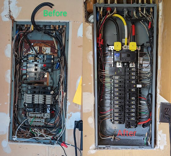 Before and after photos of an electrical panel upgrade by Elving Electric in Marysville, WA