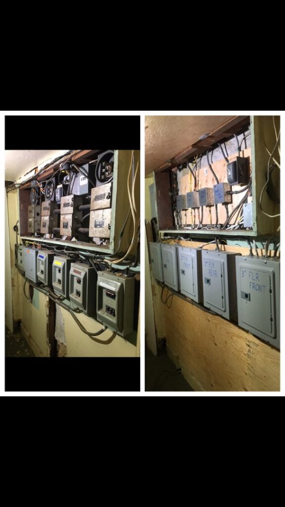 Before and after of an electrical panel upgrade by John Fean Electrician Inc. in Philadelphia, PA.