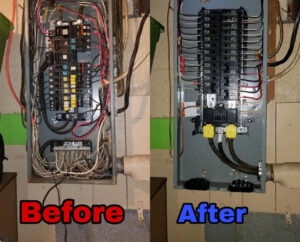 Before and after photos of an electrical panel upgrade and rewiring by PlugTech LLC in Orlando, FL