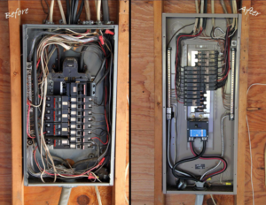 A before and after comparison of an electrical panel upgrade by Wire That Up-Fire Suppression & Hood Electrical in Suffolk, VA.