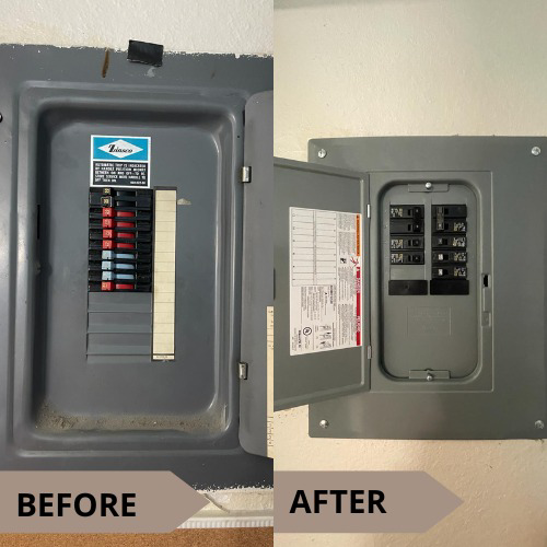 Before and after of an electrical panel upgrade performed by Electro Flash Services LLC in Denver, CO