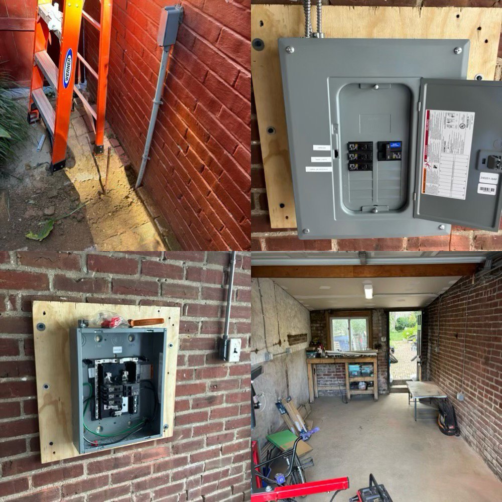 A collage showing electrical panel upgrades, exterior conduit, and workshop lighting by MV Electrical LLC in Phoenix, AZ.