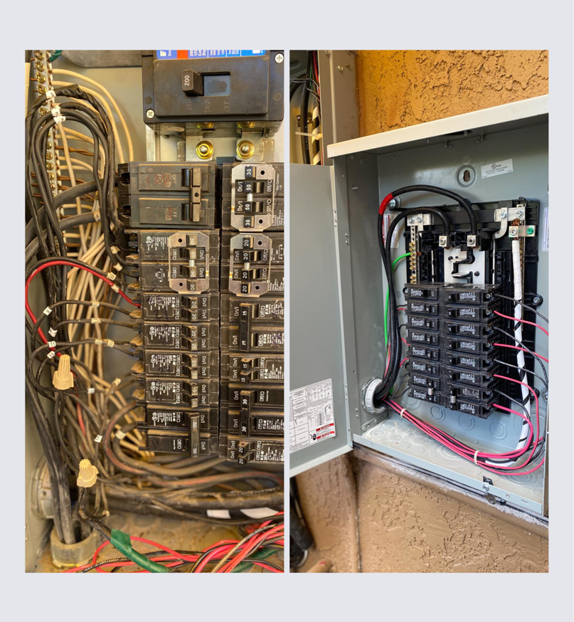 Electrical panel upgrade or new installation, showing before and after, completed by Sahuaro Electric LLC in Tucson, AZ.