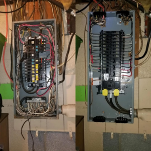 Before and after view of an electrical panel upgrade performed by MLP Services in Sharpsburg, MD