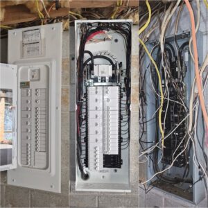 A collage showing different stages of an electrical panel upgrade, from old to new, by Grounded Electric LLC in Smithfield, VA.