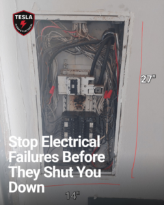 An open electrical panel with wiring and circuit breakers, showing an electrical upgrade by Tesla Alarm and Electrical in Plano, TX