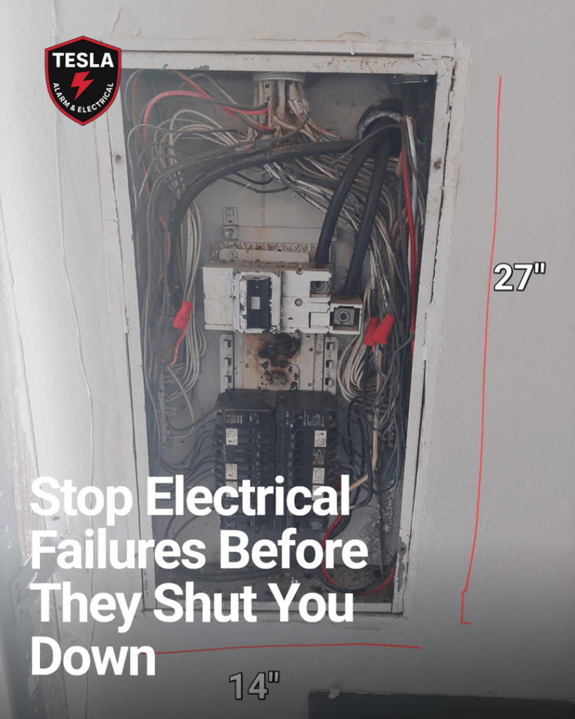An open electrical panel with wiring and circuit breakers, showing an electrical upgrade by Tesla Alarm and Electrical in Plano, TX