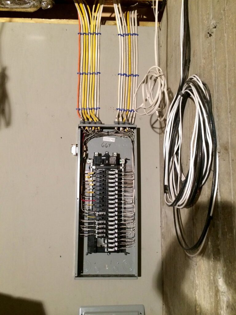 An open electrical panel with neatly bundled wiring and circuit breakers installed by All City Electrical in Orlando, FL