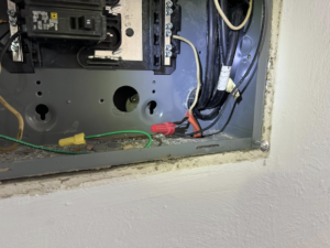 Close-up view of an electrical panel showing wiring and circuit breakers, serviced by Watts Happening Electric in Lakewood, CO.