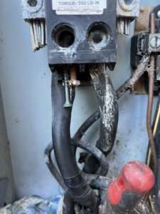 Close-up view of heavy-gauge electrical wiring and connections inside a panel, handled by Moser Electric in Wisconsin Rapids, WI.