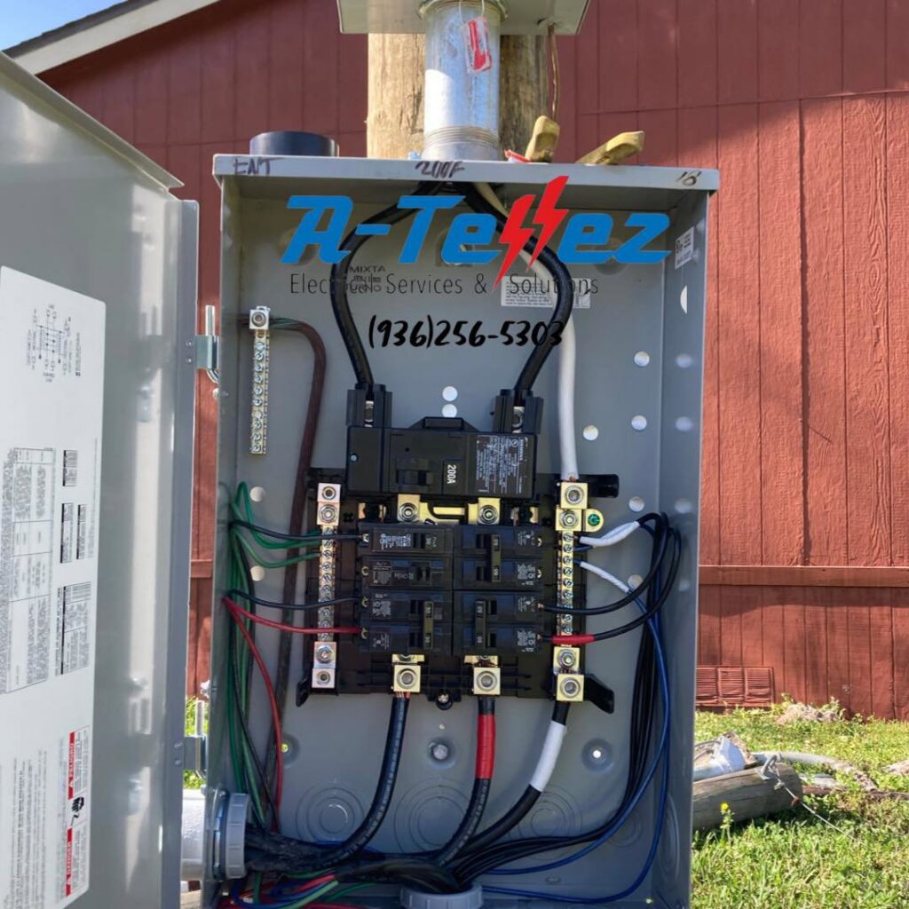 Close-up of an electrical panel with new wiring and breakers installed by A-Tellez Electrical Services & Solutions L.L.C in Houston, TX.