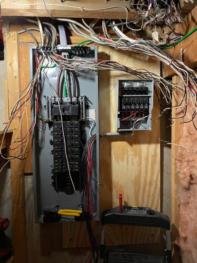 An electrical panel with complex wiring during an installation or upgrade by RTJ Electrical in Allentown, PA