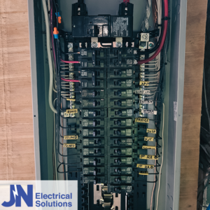 An open electrical panel with neatly labeled circuits and wiring by JN Electrical Solutions in Hopewell, PA.