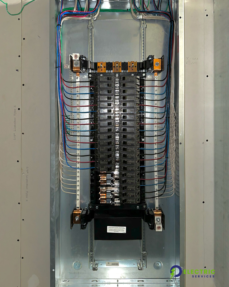 An open electrical panel showing circuit breakers and wiring, installed by O Electric Services in Dallas, TX.