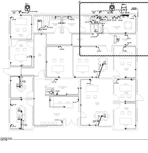 An electrical power plan blueprint showing wiring and outlets, designed by My A Plus Electric SA in San Antonio, TX