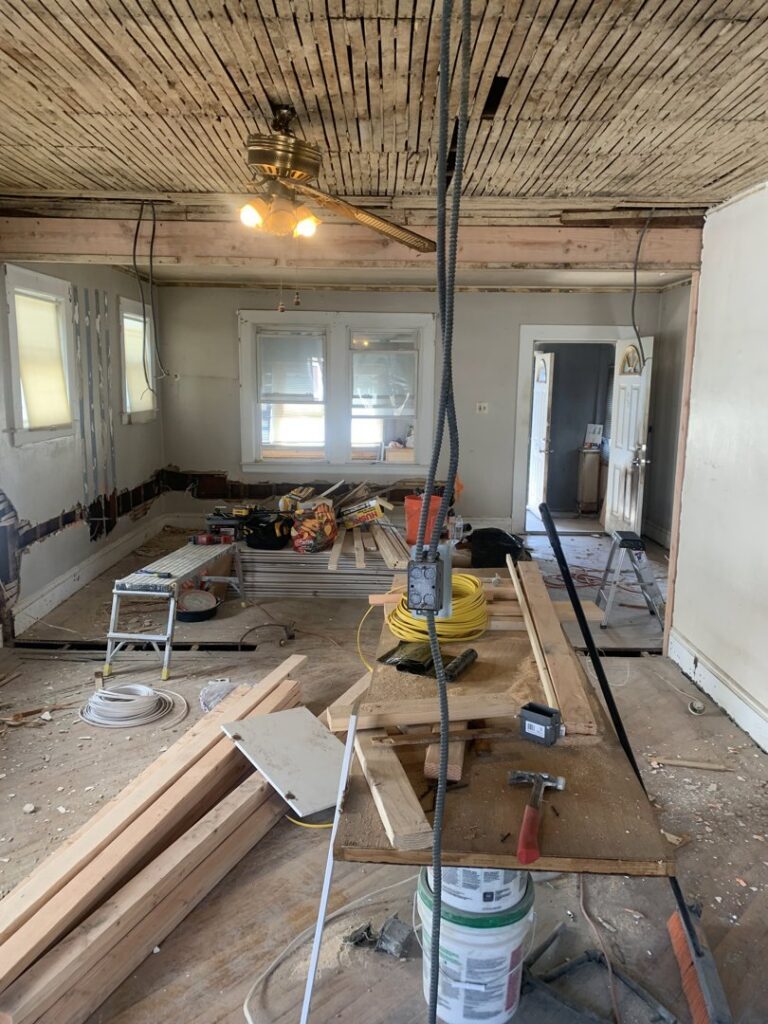 Electrical renovation work in progress with exposed wiring and ceiling fan installation by D&M Master Electric LLC in Newark, NJ.