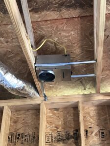 Electrical rough-in wiring for a ceiling fan or exhaust system in a new construction by TCB Electric LLC in Elizabethtown, KY.