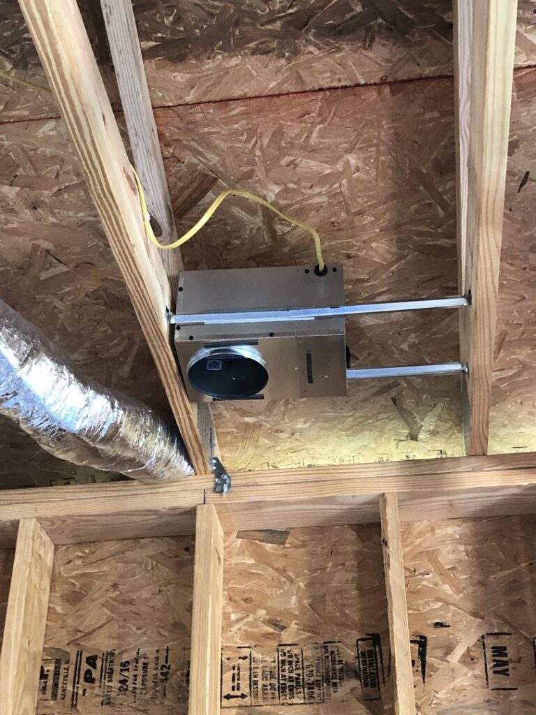 Electrical rough-in wiring for a ceiling fan or exhaust system in a new construction by TCB Electric LLC in Elizabethtown, KY.